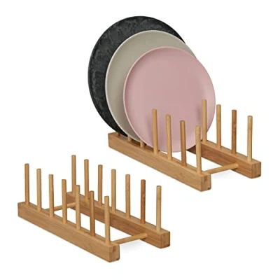 Afbeelding van Relaxdays bordenrek set van 2 bamboe 6 borden of deksels droogrek keuken natuur