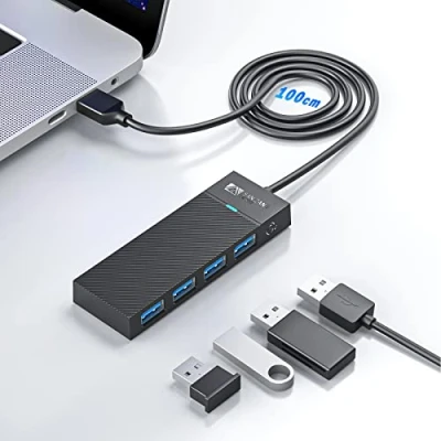 Afbeelding van 4 poorts USB hub 3.0 met 100cm kabel, 5 Gbps datahub verdeler compatibel MacBook, MacBook Air/Pro/Mini, iMac, XPS, laptop, Flash Drives, Mobile HDD en meer