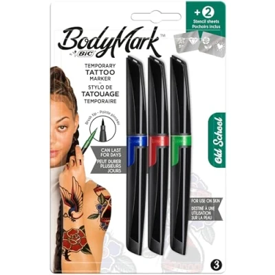Afbeelding van Bic BodyMark OLD SCHOOL Tijdelijke tattoo markeringen, cosmetische kwaliteit voor gebruik op de huid, set van 3 verschillende kleuren en 2 stencilvellen tijdloze ontwerpen, stuks