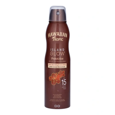 Afbeelding van Hawaiian Tropic Island Glow Dry Oil Spray SPF 15 Water Resistant Droge Zonnebrandolie, Non Greasy Spray, Lange Hydratatie &amp; Tropische Geur, 200 ml