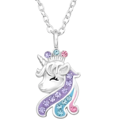 Afbeelding van JoyS Zilveren eenhoorn paard hanger kristal unicorn inclusief ketting 45 cm zilver met roze paars en blauw