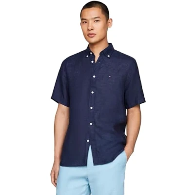 Afbeelding van Tommy Hilfiger Short Sleeve Regular FIT Overhemd, Heren, Maat: Small, Carbon navy
