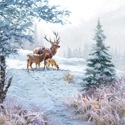 Afbeelding van 20 servetten hertenfamilie in winterbos als tafeldecoratie voor liefhebbers van dieren en bos 33 x cm