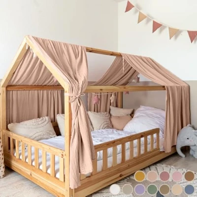 Afbeelding van lilimaus Huis Hemel, 100% katoen, bedhemel van mousseline, decoratie voor huisbed, cadeau meisjes en jongens, hemelbed, gordijnen 90 x 200 cm 120 kinderbedden, baldakijn,