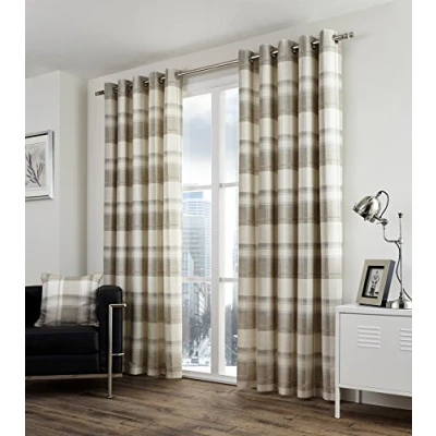 Afbeelding van Fusion Balmoral Check 100% Katoen Paar Gordijnen met Ringen 90&quot; Breedte x Drop (228 228cm) in Naturel