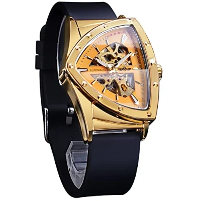 Afbeelding van FORSINING Skelet Horloges voor mannen, automatisch mechanisch horloge met driehoekige wijzerplaat, lichtgevende zelfopwindende horloges, roestvrijstalen armband of zachte siliconen band, Goud,