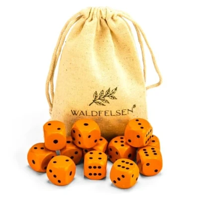 Afbeelding van Waldfelsen 6, 12, 20, 30 of 50 hoogwaardige houten kubussen van echt beukenhout, 16 mm standaard dobbelstenen met stoffen zak, dobbelstenen, set 12 stuks, oranje, stuks