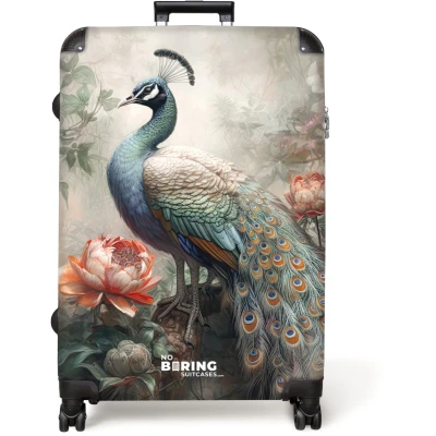 Afbeelding van NoBoringSuitcases.com® Koffer groot Reiskoffer lichtgewicht Pauw met kleurrijke veren midden in de jungle Rolkoffer 4 wielen Grote trolley XL 98 liter bagage