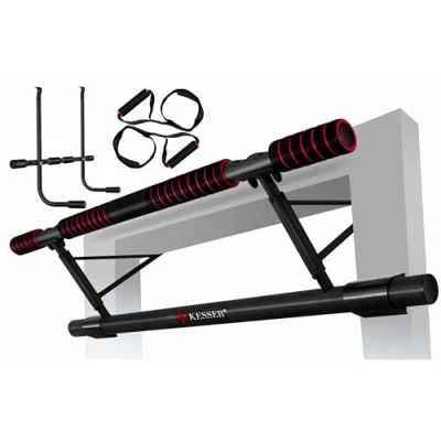 Afbeelding van KESSER® 4 in 1 premium optrekstang incl. DIP station &amp; power ropes, inklapbare deurrek, veilige deurkozijnen ophangen, montage thuis zonder schroeven, pull up bar voor crossfit, rood