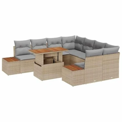 Afbeelding van vidaXL 9 delige tuinbankset met kussens in beige poly rattan