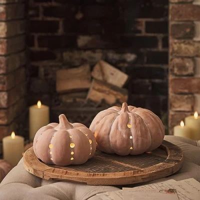Afbeelding van Lights4fun Set van 2 led pompoen, terracotta, werkt op batterijen, timer, Halloween decoratie, herfstdecoratie, Halloween, outdoor