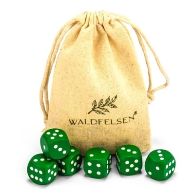 Afbeelding van Waldfelsen 6, 12, 20, 30 of 50 hoogwaardige houten kubussen van echt beukenhout, 16 mm standaard dobbelstenen met stoffen zak, kubusset (groen, 6 stuks)