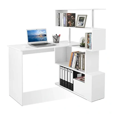 Afbeelding van Meerveil Computertafel, L vormig, hoekbureau, met 360 graden draaibare boekenkast voor werkkamer, woonkamer, kantoor, 157 x 45 130,5 cm, wit