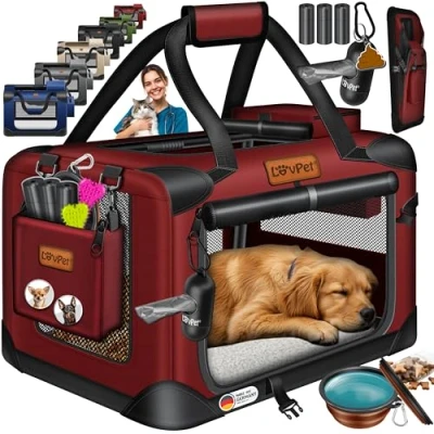 Afbeelding van Lovpet® Transportbox hond, kat, transporttas, L 102 x 69 cm, hondendraagtas, opvouwbare kattentas, huisdiertransportbox, inclusief hondenbak en schouderriem, voor katten honden, bordeaux/rood