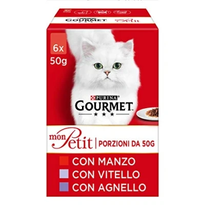 Afbeelding van Purina Gourmet Mon Petit Vochtige kat met rundvlees, kalf en lam, 48 zakjes à 50 g