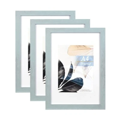 Afbeelding van Blauwe houten fotolijst A4 met houder, set van 3, frame, fotolijst, posterlijst, certificaatlijst, vrijstaand en wandmontage
