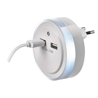 Afbeelding van EMOS Nachtlampje stopcontact met USB output, schakelaar en schemeringssensor, oriëntatielicht voor kinderkamer, trap, slaapkamer, keuken, hal, wit