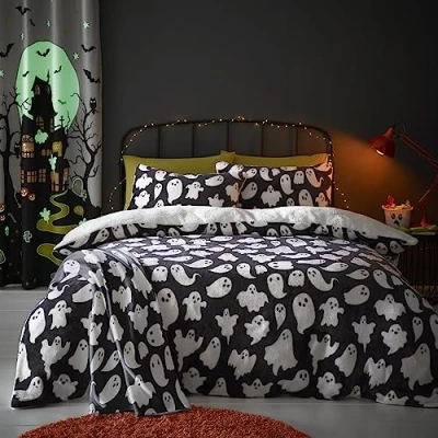 Afbeelding van Bedlam Halloween Spooky Ghost Fleece Dekbedovertrek Tweepersoons Beddengoed (200 x 200 cm) Omkeerbaar ontwerp Zacht en gezellig Teddy in Wit Schattig