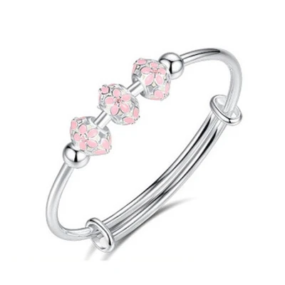 Afbeelding van N3 Collecties 925 Sterling Zilveren Manchet Armband Bangle Roze Bloem Kralen Verstelbaar