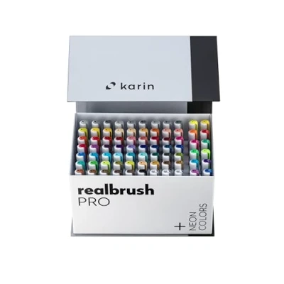 Afbeelding van KARIN Realbrush Pro Mega Box Plus 72 kleuren (inclusief 12 neonkleuren) + 3 blenders in een exclusieve verpakking voor eenvoudig gebruik.