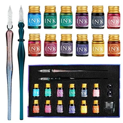 Afbeelding van GC Glass dip Pen Set 2 glazen pennen, 12 veelkleurige inkt, 1 pennenhouder en reinigingsbeker voor wenskaarten, posterkaarten, handtekeningen, kalligrafie, tekening, schrijven