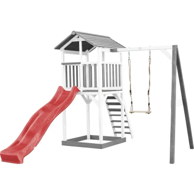 Afbeelding van AXI Beach Tower Speeltoestel van hout in Grijs en Wit Speeltoren met zandbak, schommel rode glijbaan