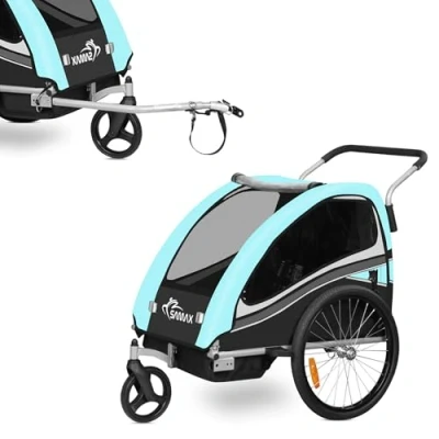 Afbeelding van SAMAX 360 zwenkbare Fietskar/Aanhangwagen 2in1 en Buggy Geveerde Transportkar Kinderfietskar voor 2 kinderen in Turkoois Black Edition