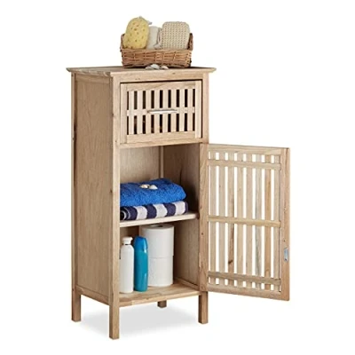 Afbeelding van Relaxdays badkamerkast notenhout 82 x 40 29 cm hout kastje badkamer kast smal
