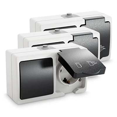 Afbeelding van ABSINA Opbouwstopcontact &amp; opbouwschakelaar combinatie IP44 3x opbouwcontactdoos met geaarde contactdoos wisselschakelaar voor vochtige ruimtes 250 V 16 A