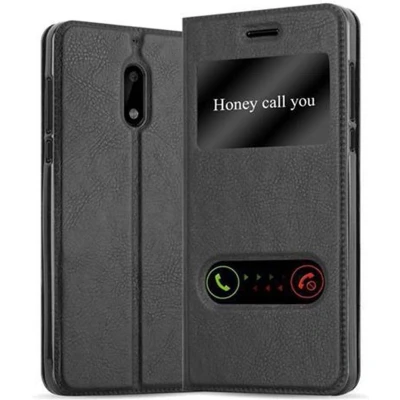 Afbeelding van Cadorabo Hoesje geschikt voor Nokia 6 2017 in KOMEET ZWART Beschermhoes met magnetische sluiting, standfunctie en 2 kijkvensters Book Case Cover Etui