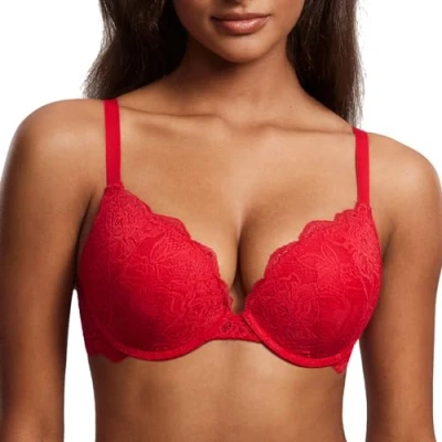 Afbeelding van DOBREVA Vrouwen Push Up BH Met Kant Gevoerde Plunge Beugel Volledige Cup Buste Voorgevormde Cups Lippenstift rood 85C