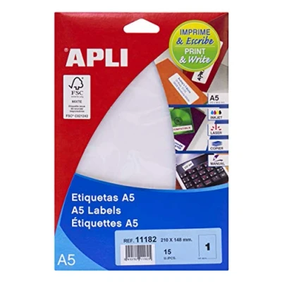 Afbeelding van APLI 11182 Witte A5 etiketten 210,0 x 148,0 mm 15 vellen