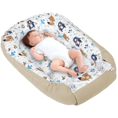 Afbeelding van Medi Partners Babynest Knuffelnest 100% Katoen Wafel Reisbedje Voor baby&#039;s Zuigelingen 100x60x15cm Veilige sluiting (Boho Dieren met beige Wafel)