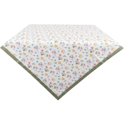 Afbeelding van Clayre &amp; Eef Tafelkleed 100x100 cm Wit Groen Katoen Vierkant Bloemen