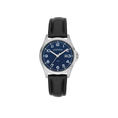 Afbeelding van Adora Dameshorloge AB6681 31 mm Titanium Kast Donkerblauwe Wijzerplaat Zwarte Leren Band Datum 5 ATM