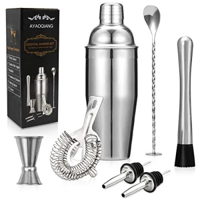 Afbeelding van Cocktailshakerset, 7 delige cocktailbereidingsset, cocktailshakerset 750 ml roestvrijstalen bargereedschapset barmanset met dubbele jigger, muddler, zeef, schenkers, menglepel
