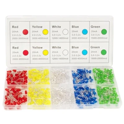 Afbeelding van DiCUNO 450pcs(5 Couleurs x 90pcs) 5mm Bi pin LED Leuchtdiode, Kleurrijke ronde kop, lamp met hoge helderheid, 5 Kleuren (Wit/Rood/Geel/Groen/Blauw)