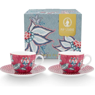 Afbeelding van Espressokop Pip Studio Flower Festival Dark Pink 120 ml (Set van 2)