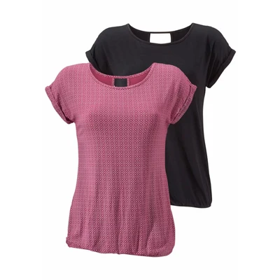 Afbeelding van Lascana 2 pack Tshirt print beeregemustert+schwarzuni, Dames, Maat: 32/34, Beere gemustert+schwarz uni