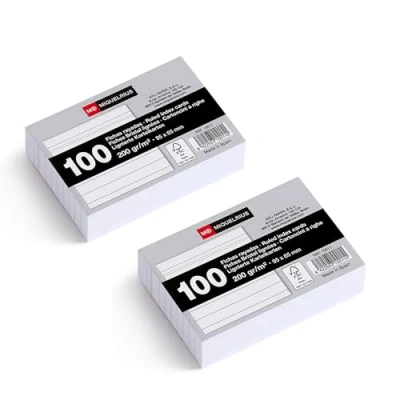 Afbeelding van Miquelrius Indexkaarten, 200 g/m², leerkaarten en voorbereidingskaarten, verpakking met gelinieerde indexkaarten voor notities, afmetingen 95 x 65 mm, flashcards, school kantoorbenodigdheden