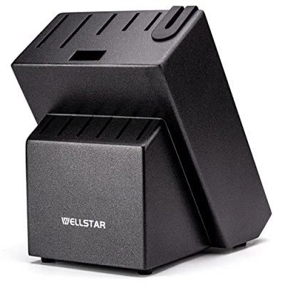 Afbeelding van WELLSTAR messenblok zonder mes, natuurlijk hout, keukenmes, blok messen, hardhout, werkbladmes, opslag met ingebouwde messenslijper, zwart