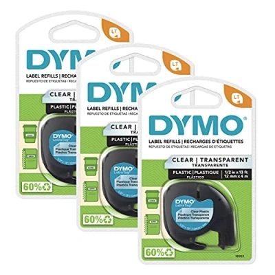Afbeelding van DYMO LT Etiketteringstape voor LetraTag labelmakers, zwarte print op transparante etiketten, 1/2 inch x 13 voet rollen, 3 stuks