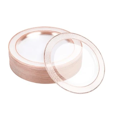 Afbeelding van MATANA 20 Kleine Herbruikbare Plastic Dessertbordjes met Roségouden Rand (19cm) voor Bruiloften, Verjaardagen, Dopen, Kerstmis &amp; Feesten Stevig en Herbruikbaar