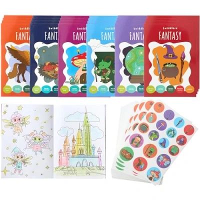 Afbeelding van THE TWIDDLERS 24 mini kleurboeken voor feesttassen, met stickers fantasiethema, A6 boeken kinderen, leeftijd 4 8 jaar, perfecte kleine feesttasvullers