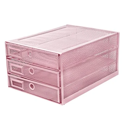 Afbeelding van Papiersorteerder met 3 lades/A4 documenten/ladenbox draadvlechtwerk/opbergmap/snelhechter / organizer/bureau multifunctioneel (lichtroze)