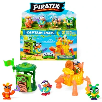 Afbeelding van PIRATIX ADVENTURE WORLD Crazy Jungle serie, Captain Pack Doc Bandaid bevat 4 piratix, 1 gouden kapitein, neonaccessoires, kooi, kanon, 2 exclusieve schatten en neon vlaggen. 6/6