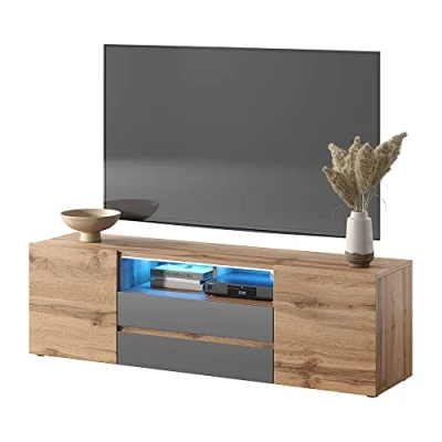 Afbeelding van Selsey Wotan Oak Matt Grey Gloss TV Lowboard with LED