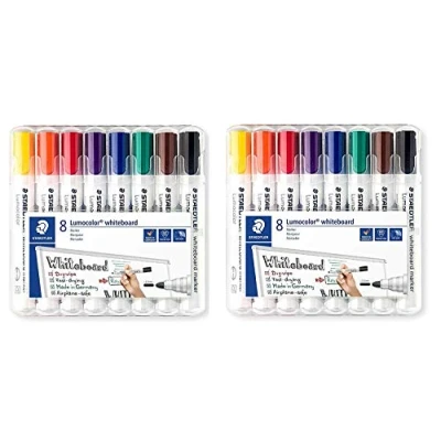 Afbeelding van Staedtler Lumocolor 351 WP8 whiteboardmarker, ronde punt, 2 mm, opstelbare doos met 8 kleuren + originele wisser