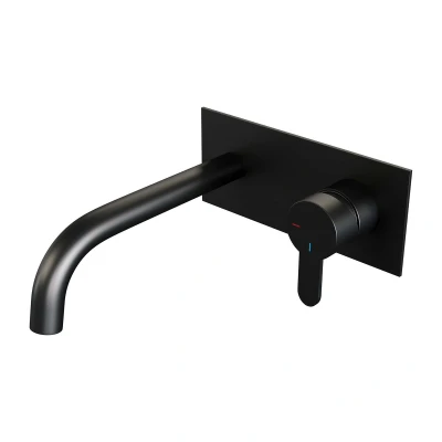 Afbeelding van Brauer Black Edition Wastafelmengkraan inbouw gebogen uitloop links hendel plat smal afdekplaat model D 1 mat zwart