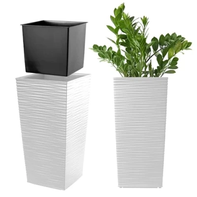 Afbeelding van KADAX Bloempot, bloembak van kunststof, plantenbak voor bloemen, binnen en buiten, tuin, balkon, terras, huis, weerbestendig, rotan imitatie (46,5 cm hoogte, wit)